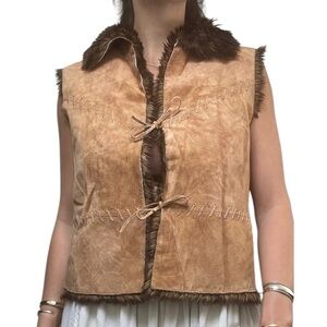 Vintage Western Cowgirl Leather Faux Fur Front Tie Brown Vest L